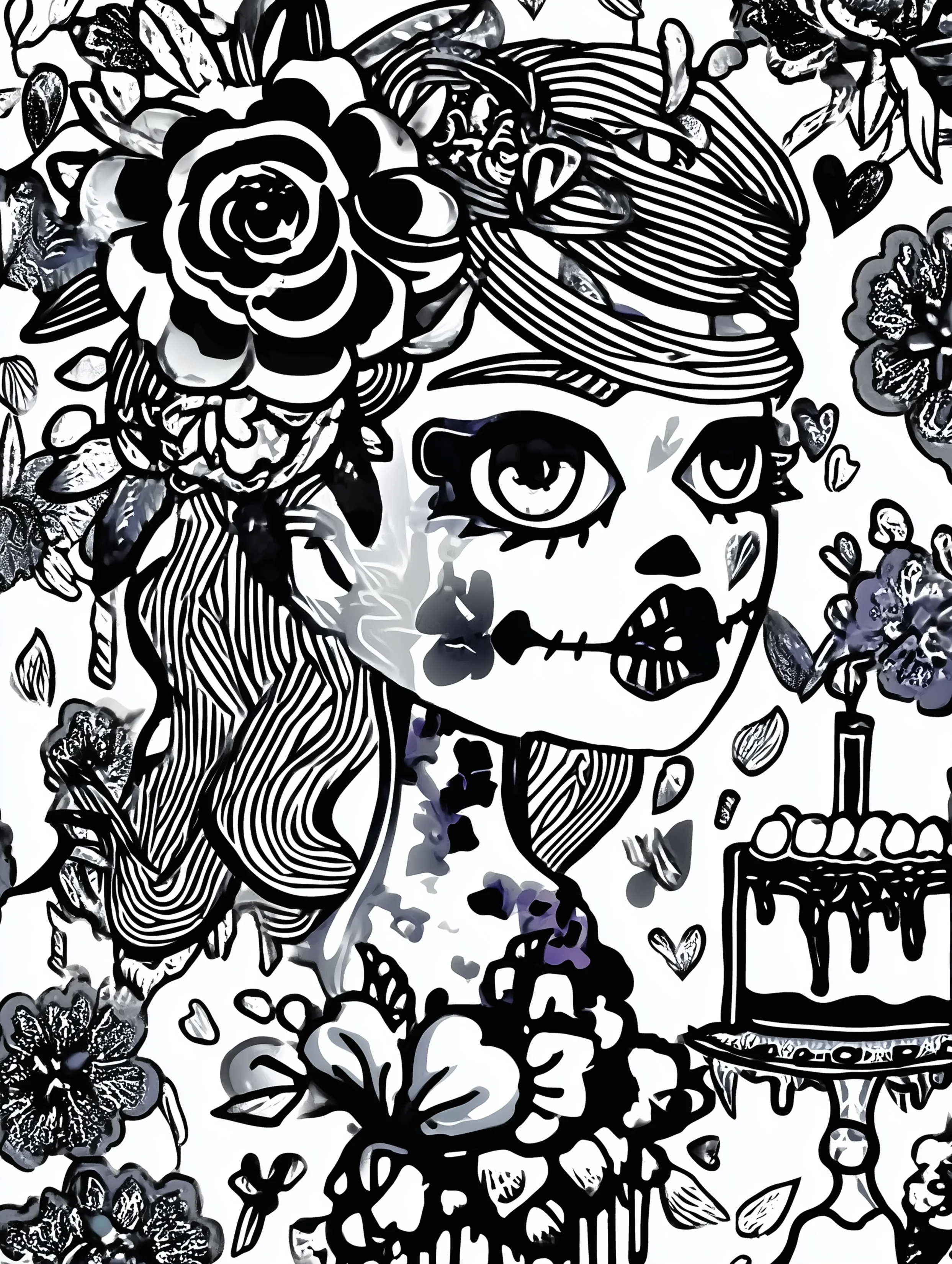 Free printable zombie coloring page for adults featuring a cake next to a zombie girl
